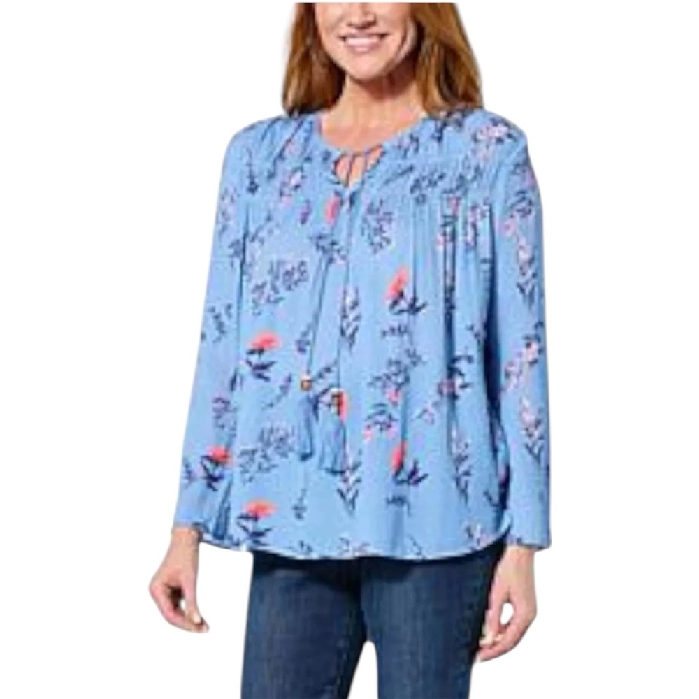 Lacey Chabert Women's Bell-Sleeve Blouse with Smocked Detail Floral Blue M